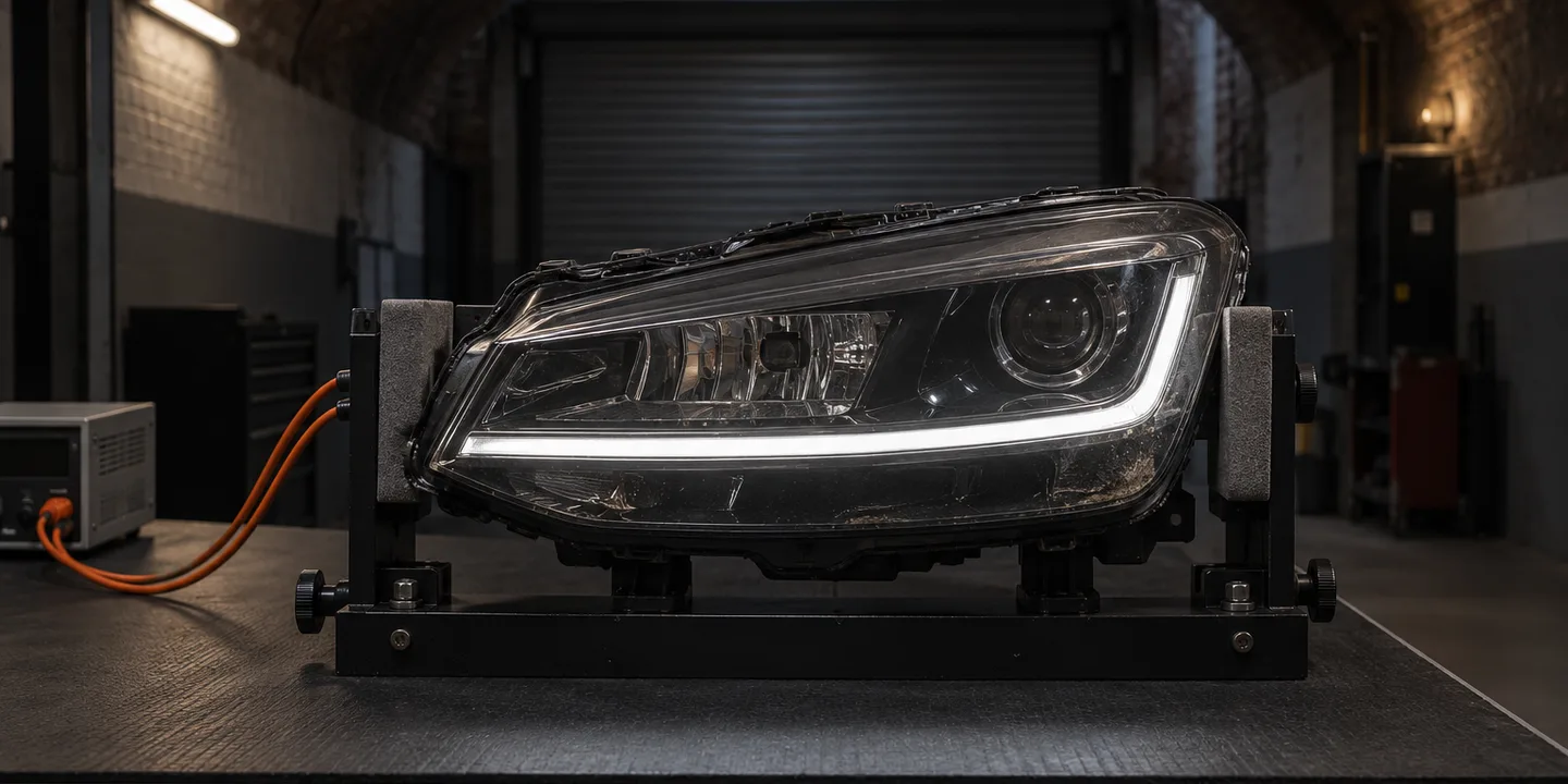 LED headlight standing on a test stand under a brick arch, its running light switched on for checking